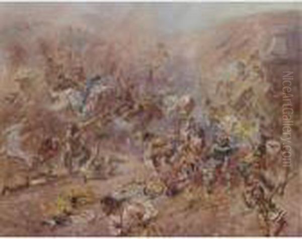 The Battle At Belly River Oil Painting by Charles Marion Russell