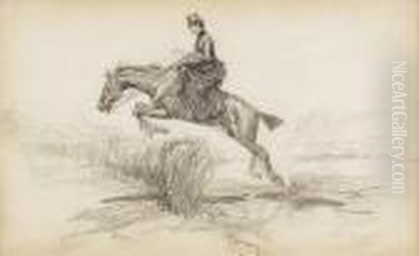 Woman And Horse Rider Hurdling A Bush French Oil Painting by Charles Marion Russell