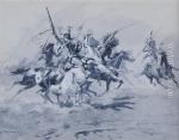 Indians On Horseback Oil Painting by Charles Marion Russell