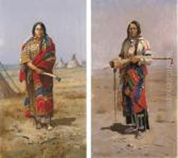 Indian Buck; Indian Squaw: Two Works Oil Painting by Charles Marion Russell