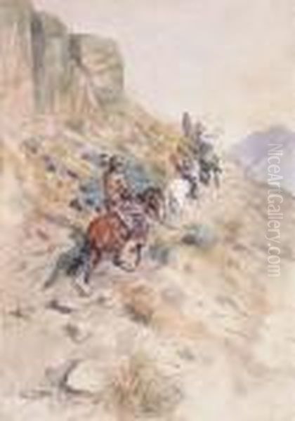 Indians On A Mountain Path Oil Painting by Charles Marion Russell