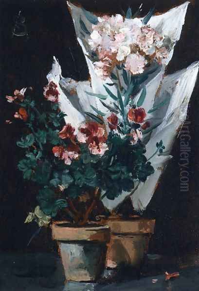 Still Life wit Potted Geraniums Oil Painting by Alfred-Emile-Leopole Stevens