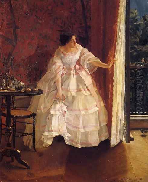 Lady at a Window Feeding Birds Oil Painting by Alfred-Emile-Leopole Stevens