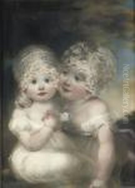 Two Young Children Wearing Lace Bonnets Oil Painting by John Russell