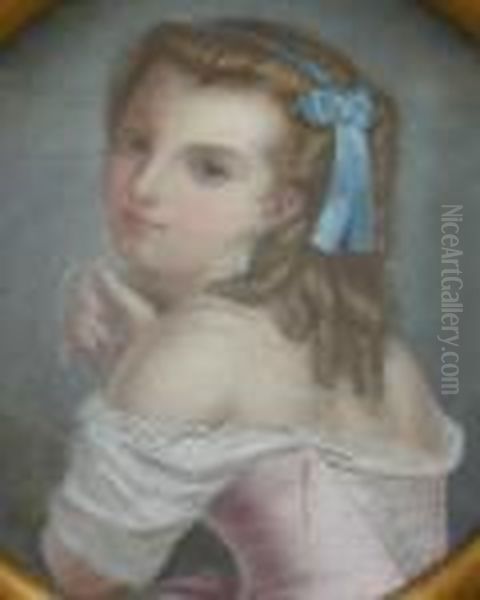 Young Woman With Blue Bow In Her
 Hair, A Long Strand Of Pearls Around Her Neck In A White And Pink 
Dress, The Bodice Unlaced Oil Painting by John Russell