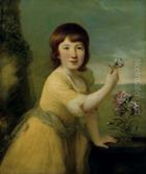 Portrait Of A Girl, Said To Be 
Miss Augusta Hirst, Three-quarter-length, In A Yellow Dress, Standing On
 A Balcony Holding A Carnation, A Landscape Beyond Oil Painting by John Russell