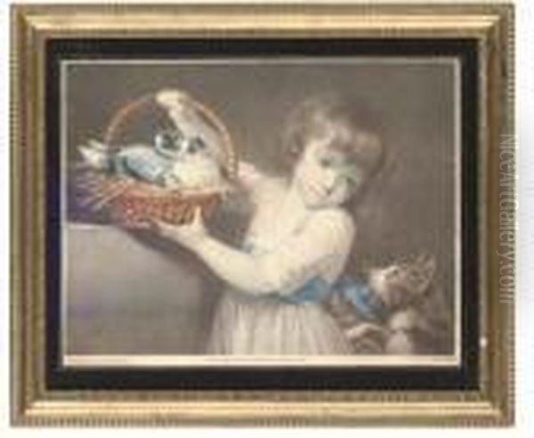 Young Girl Protecting A Pair Of Doves From A Cat Oil Painting by John Russell