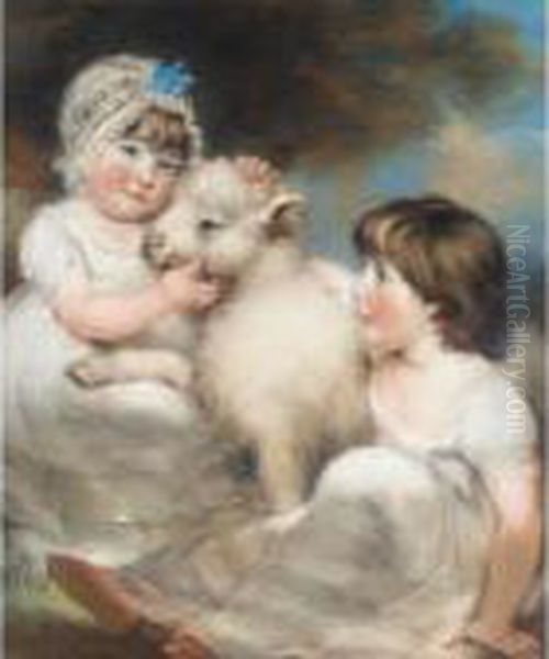 Portrait Of Miss E.and Miss L.earle With A Lamb Oil Painting by John Russell