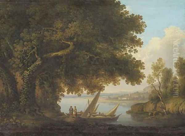 An Italianate lake landscape with figures and boats Oil Painting by Joshua Shaw