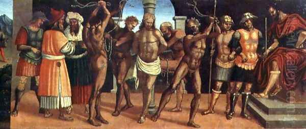 The Flagellation, detail of the predella panel from the altarpiece of the Trinity with Madonna and Child and SS. Augustine and Anastasius Oil Painting by Luca Signorelli