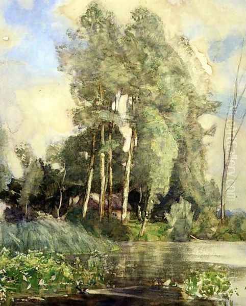 A Cottage on a Riverbank Oil Painting by Adrian Scott Stokes