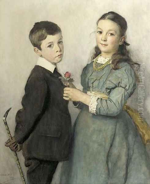 Portrait of a young boy and girl, three-quarter lengths Oil Painting by Adrian Scott Stokes