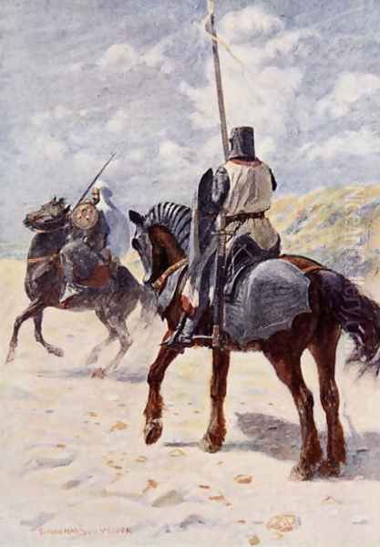 A Saracen approaches a Crusader Knight illustration for The Talisman A Tale of the Crusaders by Sir Walter Scott Oil Painting by Vedder Simon Harmon