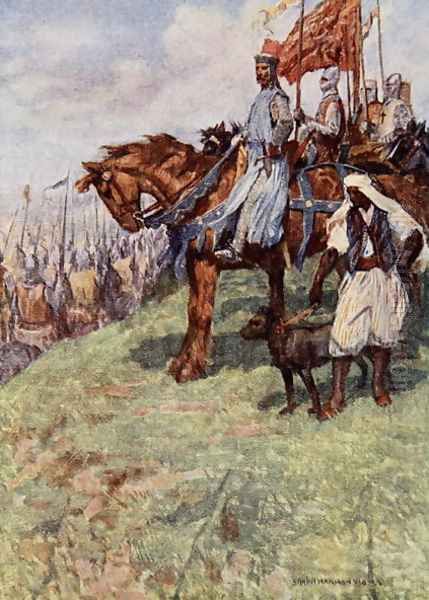 The Lionheart seated on horseback, by his side stood the Nubian slave, holding a hound in leash, illustration from The Talisman A Tale of the Crusaders by Sir Walter Scott Oil Painting by Vedder Simon Harmon