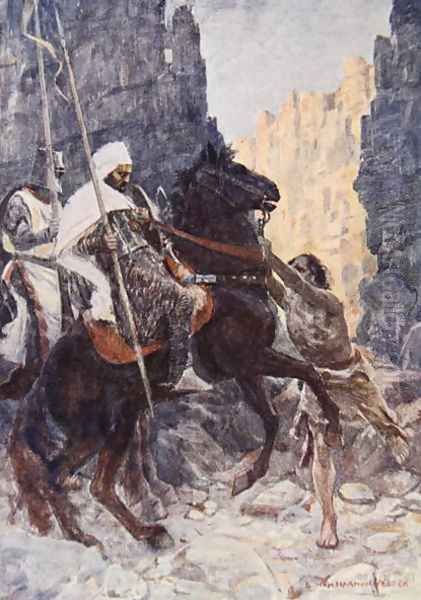 The Scottish knight Sir Kenneth with the Saracen surprised by Hamako as they rode in the Valley of the Shadow of Death illustration for The Talisman A Tale of the Crusaders by Sir Walter Scott Oil Painting by Vedder Simon Harmon