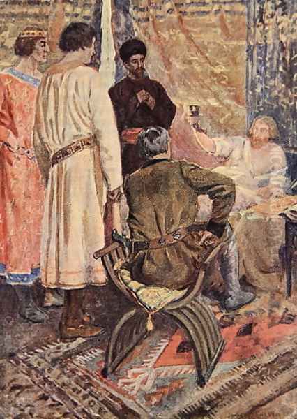 Richard the Lionheart raised himself in his bed and took a cup in his hand illustration for The Talisman A Tale of the Crusaders by Sir Walter Scott Oil Painting by Vedder Simon Harmon