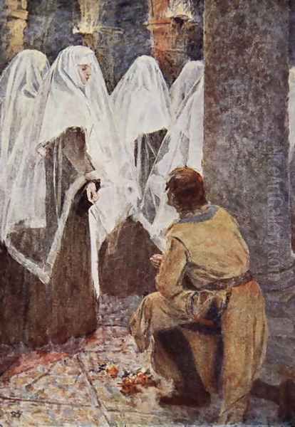 The Scottish Knight on one knee watched as the veiled nuns walked past illustration for The Talisman A Tale of the Crusaders by Sir Walter Scott Oil Painting by Vedder Simon Harmon