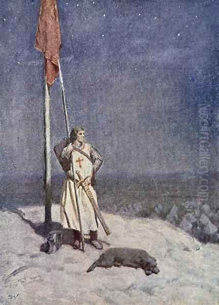 The Knight stands watch on St. Georges Mount with the banner of England, illustration from The Talisman A Tale of the Crusaders by Sir Walter Scott Oil Painting by Vedder Simon Harmon