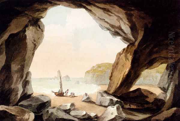 A View From A Cave Near Tenby, South Wales Oil Painting by John Warwick Smith