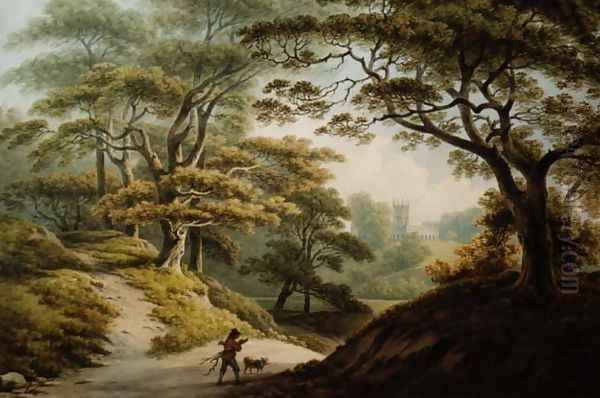 Auckland Castle, Co. Durham - View over the River Gauntless, with Bishop Cosins Chapel Oil Painting by John Warwick Smith