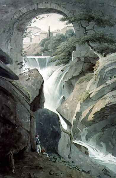 The Falls of Tivoli with three figures in the foreground Oil Painting by John Warwick Smith