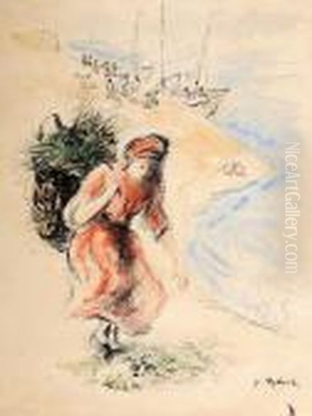 Woman Carrying A Basket On Her Back At The Sea Shore Oil Painting by Issachar ber Ryback