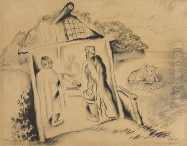 Three Men Praying In The Sukkah Oil Painting by Issachar ber Ryback