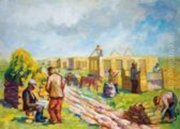 The Village Builders Oil Painting by Issachar ber Ryback