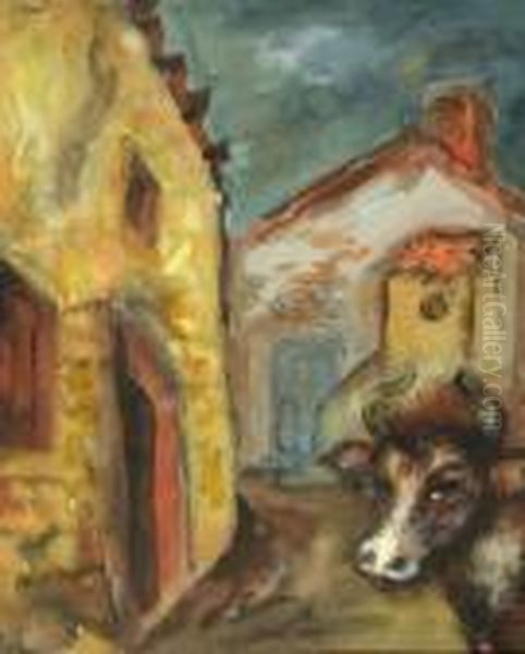 Village Centre Witseveral Houses, A Cow At The Right Oil Painting by Issachar ber Ryback