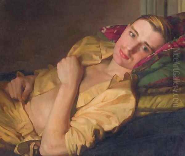 A reclining man Oil Painting by Konstantin Andreevic Somov