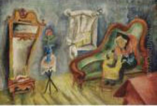 Interior With Woman Knitting Oil Painting by Issachar ber Ryback