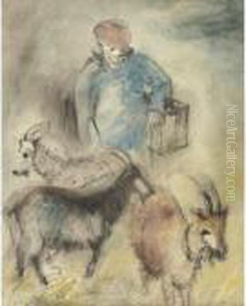 Herdsman With Goats Oil Painting by Issachar ber Ryback