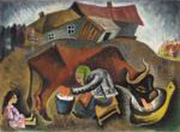 Milking The Cow Oil Painting by Issachar ber Ryback