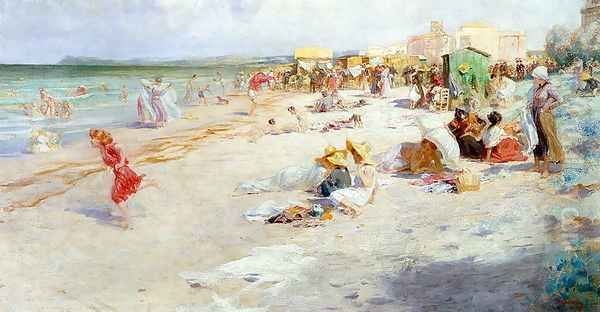 A Busy Beach in Summer Oil Painting by Alois Hans Schram