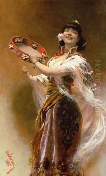 Gypsy Girl with a Tambourine Oil Painting by Alois Hans Schram