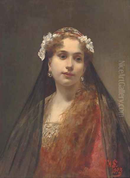 A young maiden dressed in a floral veil Oil Painting by Alois Hans Schram