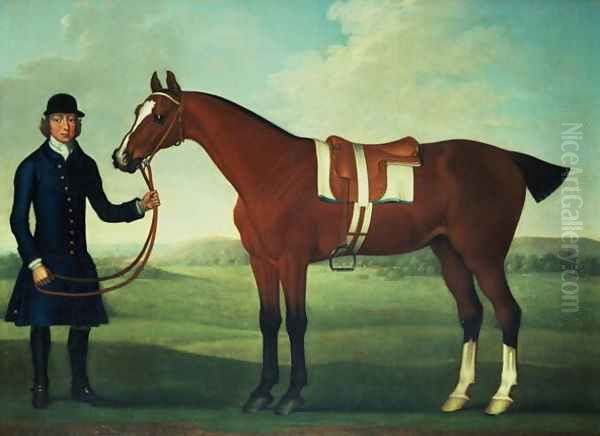 A Bay Hunter Held by a Groom Oil Painting by James Seymour