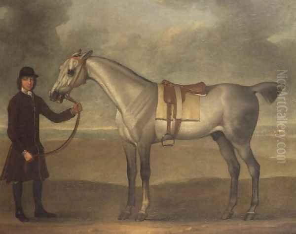 Grey racehorse held by a groom Oil Painting by James Seymour