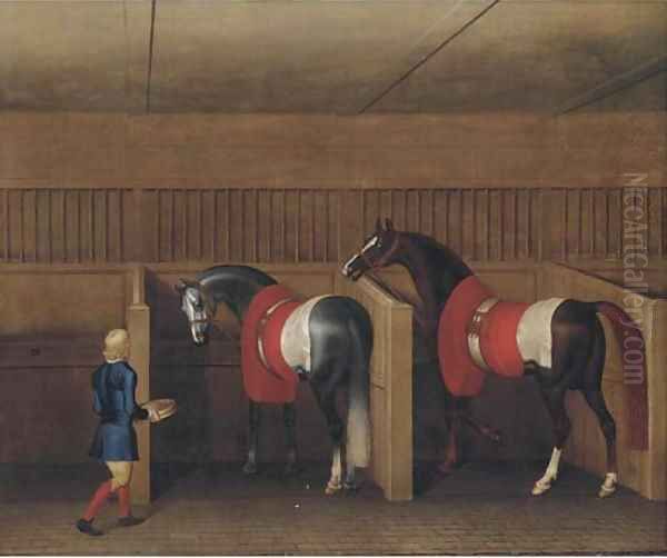 Two racehorses with a groom in a stable Oil Painting by James Seymour