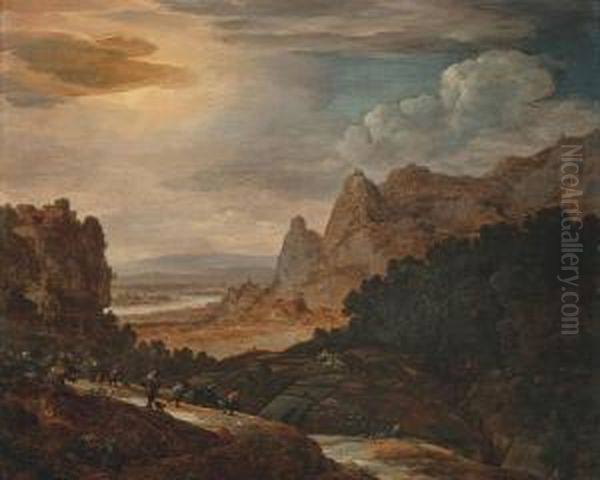 A Mountainous Wooded Landscape With Travellers On A Track, A Hilltop Town Beyond Oil Painting by Herman Saftleven