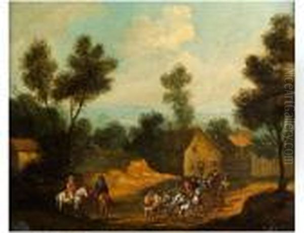 Landschaft Mit Pferdekarren Und Reitern Vor Einer Hausergruppe Oil Painting by Herman Saftleven