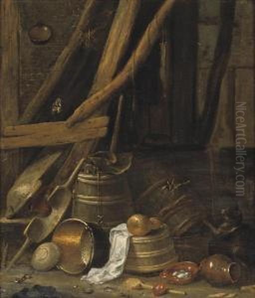 A Barn Interior With A Copper 
Pot, Wooden Barrels, An Eartenwarejug And Other Objects, Together With A
 Chicken And A Cat Oil Painting by Herman Saftleven