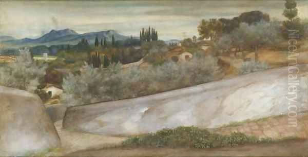 A Tuscan landscape with village and olive grove Oil Painting by John Roddam Spencer Stanhope