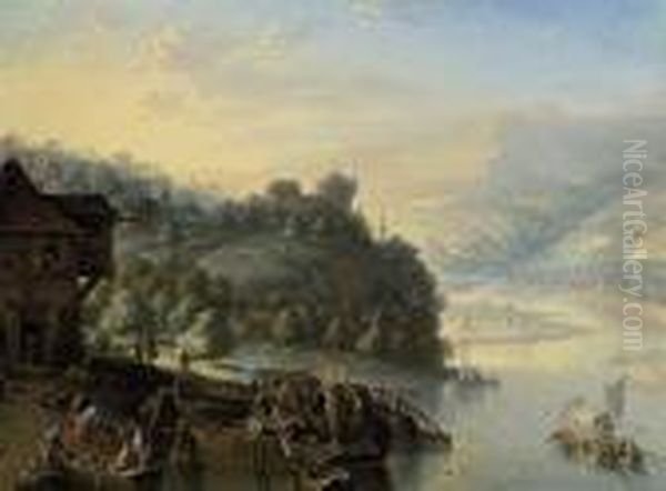 A Rhenish Landscape With Boats On A Riverbank Oil Painting by Herman Saftleven