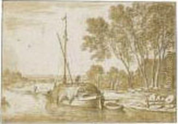 River Landscape With A Hay-barge Moored By Farm Buildings,millstones In The Foreground Oil Painting by Herman Saftleven