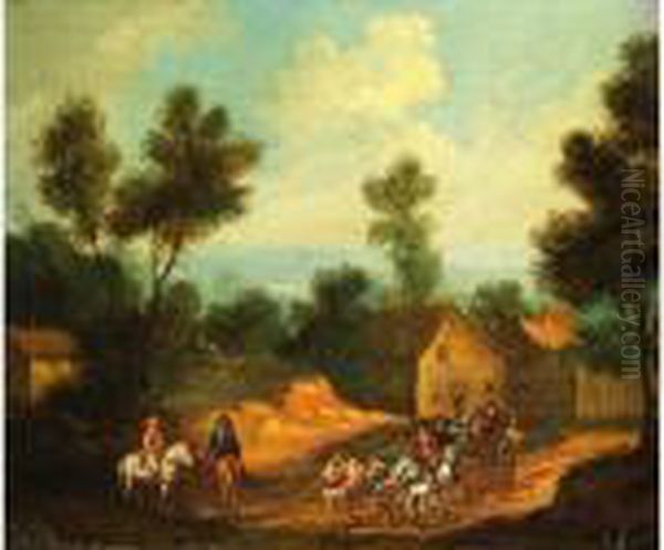 Landschaft Mit Pferdekarren Und Reiternvor Einer Hausergruppe Oil Painting by Herman Saftleven