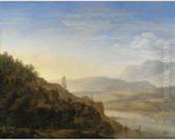 An Extensive Rhenish Landscape With Travellers In The Foreground Oil Painting by Herman Saftleven