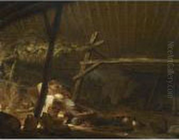 Barn Interior With A Ruined 
Water Well, Copper Pots, Baskets And Other Objects, Together With Three 
Ducks Oil Painting by Herman Saftleven