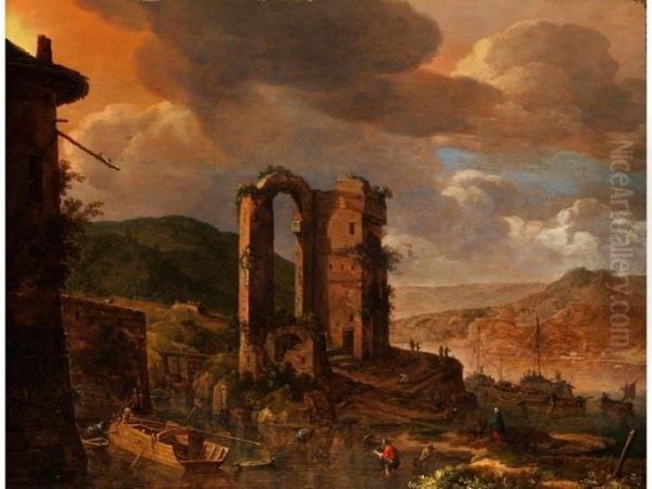 Landschaft Mit Romischer Ruine 
Uber Einem Flusstal Mit Blick Auf Ferne Hugel Und Gebauden Am Ufer Oil Painting by Herman Saftleven