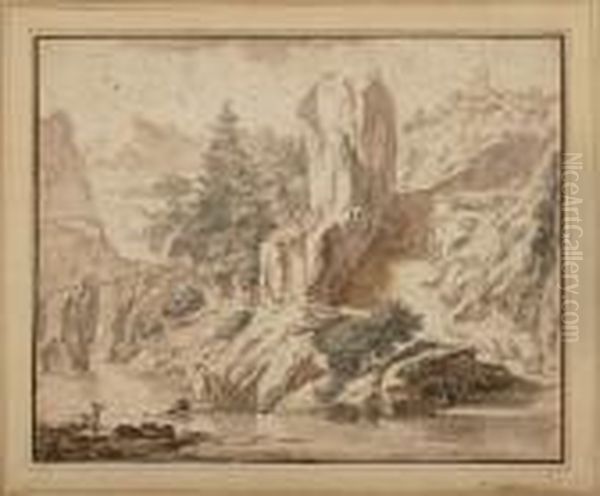 Zugeschrieben Alpine Ideallandschaft Mit Fischern Am Fluss Oil Painting by Herman Saftleven